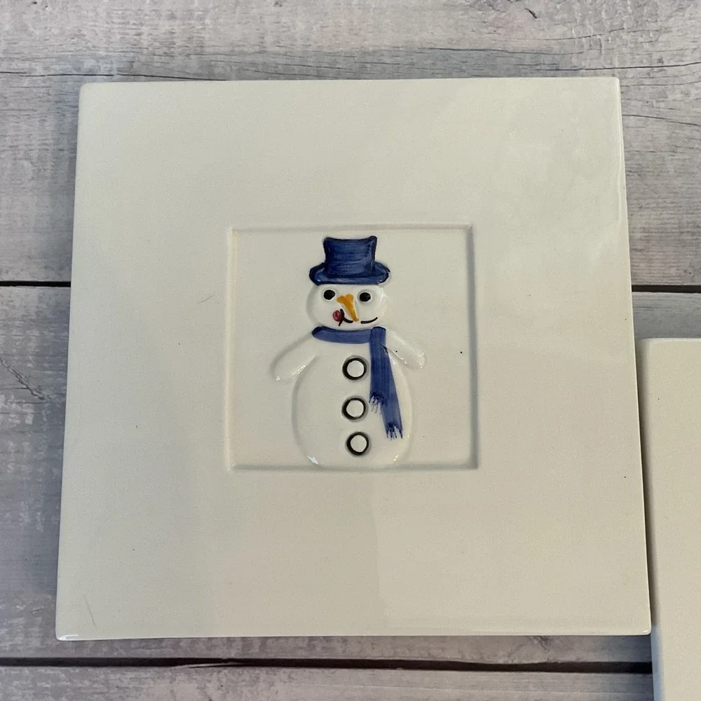 Crate‎ & Barrel Snowman Trivet Set 2 Ceramic 8in Square Italy Stefani Ceramica